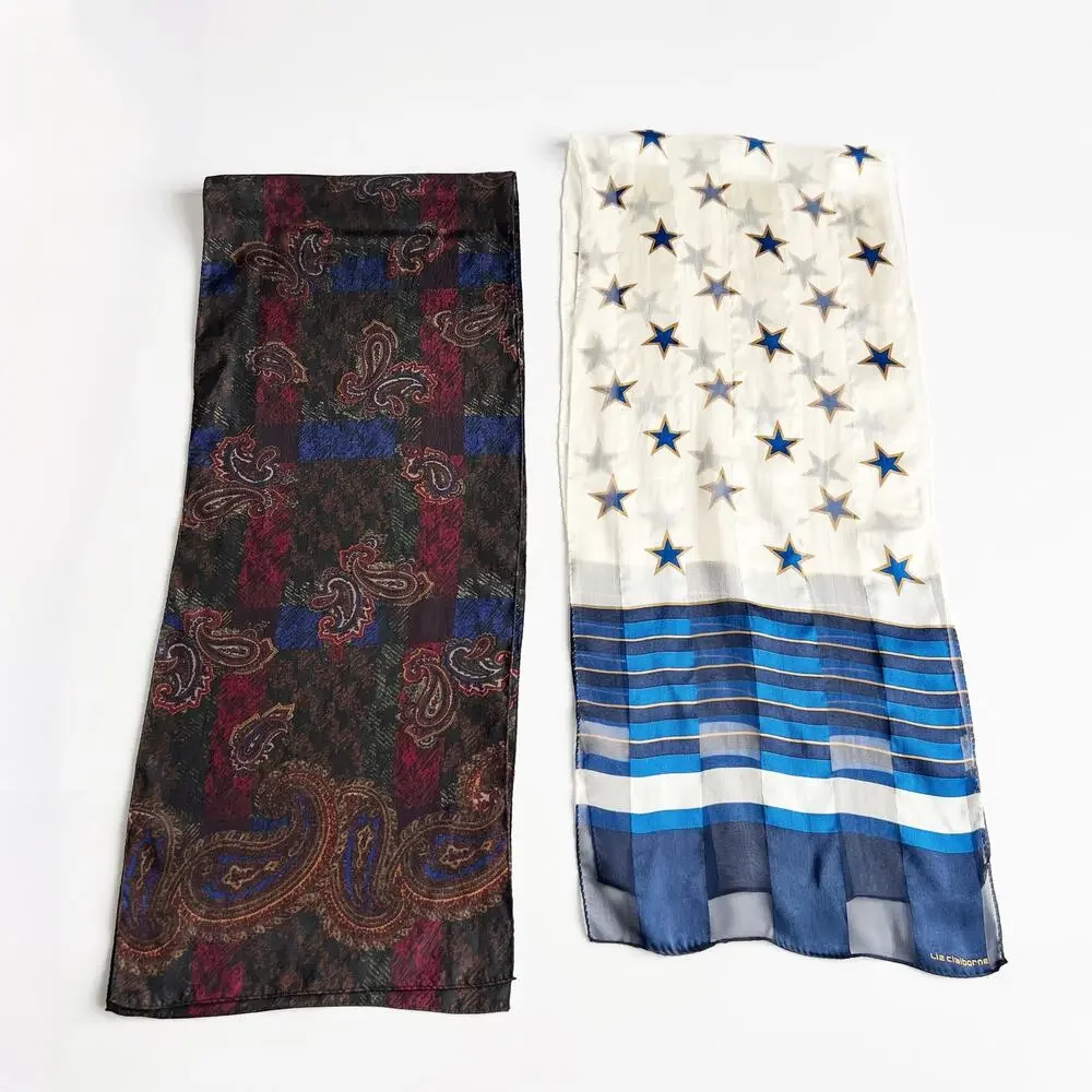 [Vintage] 80s Liz Claiborne Silk Scarves Stars Stripes Paisley Print Purse Scarf